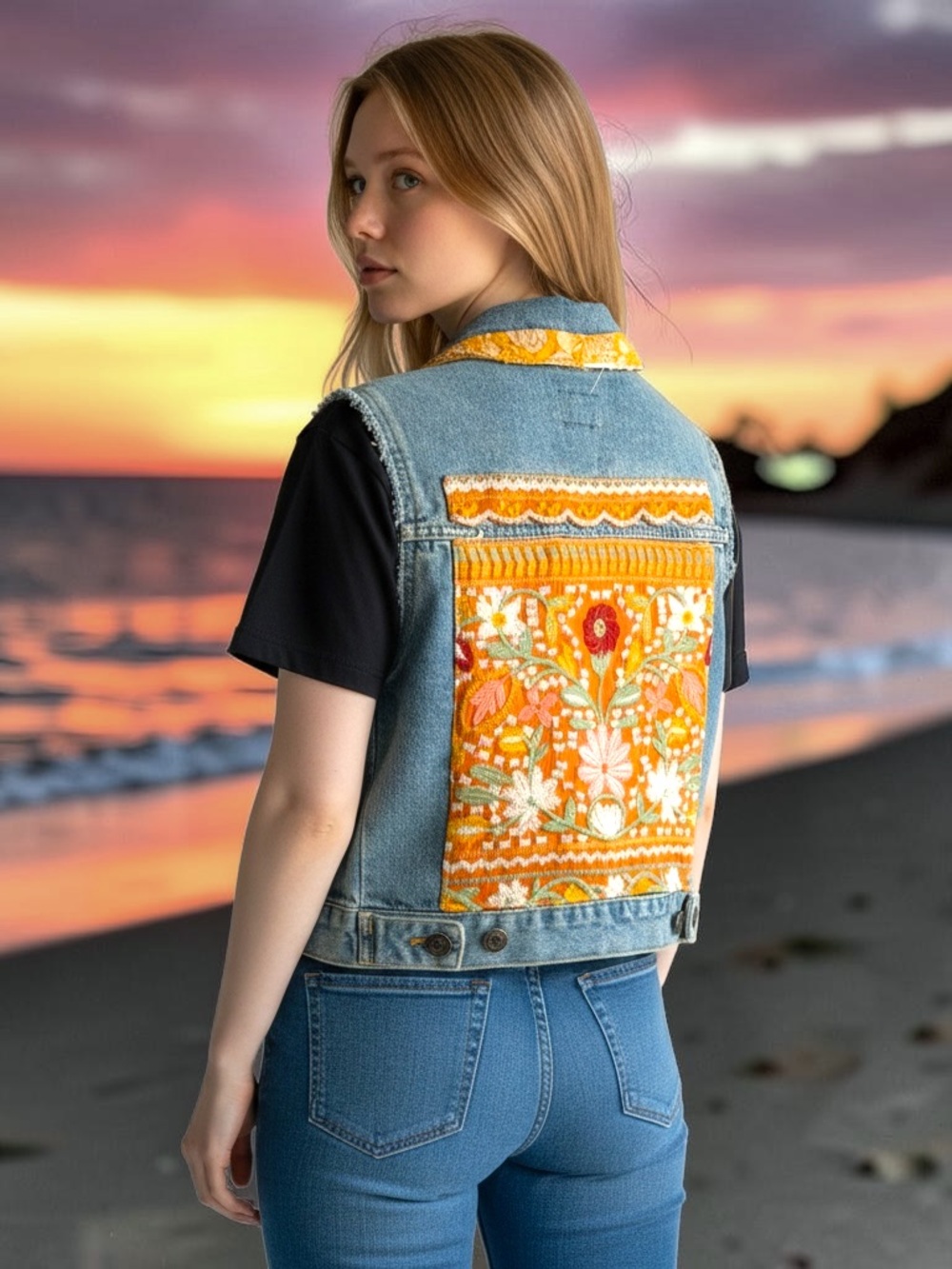 Hollister Boho Hippie Denim Vest Small Floral Embroidered Back Festival Retro
